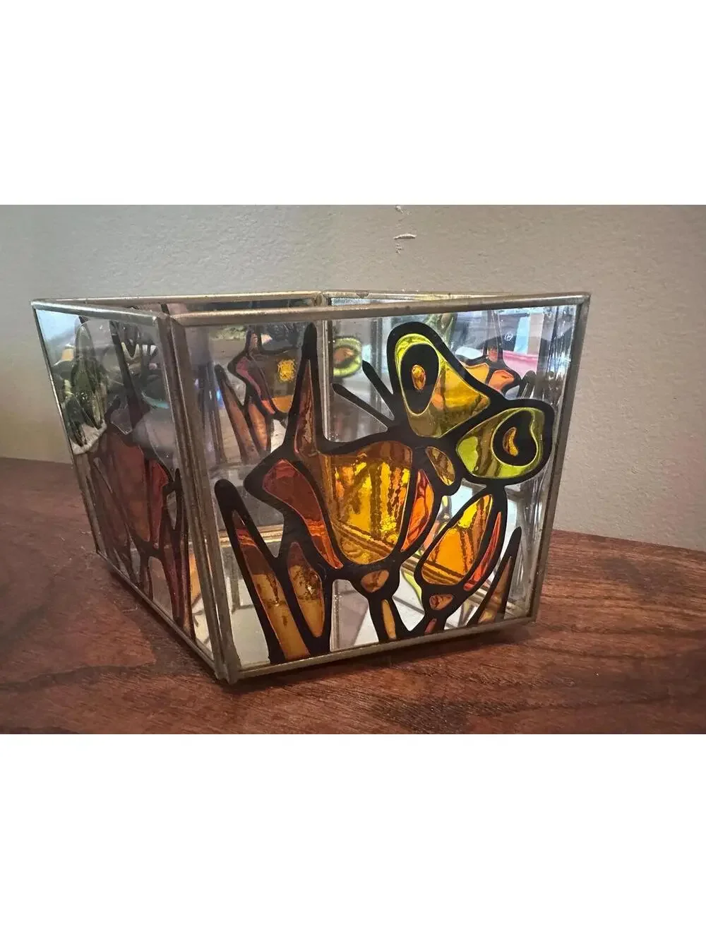 Vintage Faux Stain Glass Butterfly Flower Mirrored Candleholder
